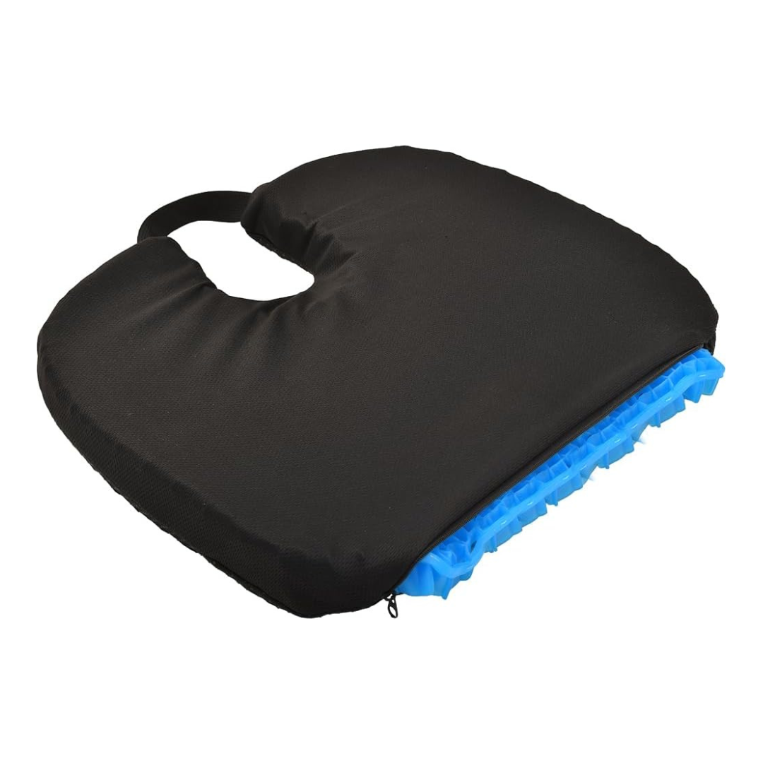 The Nova Medical Happy Collection Back and Lumbar Support Gel Cushion is a black seat cushion with a top handle, blue gel layer partially exposed at the bottom, and a U-shaped cutout for ergonomic seating and optimal pressure relief.